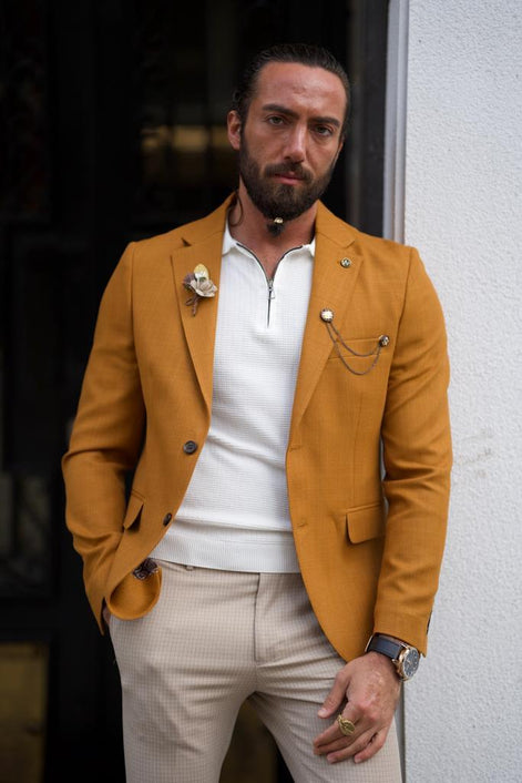 Pierre Light Mustard Slim Fit Notch Lapel Cotton Blazer
