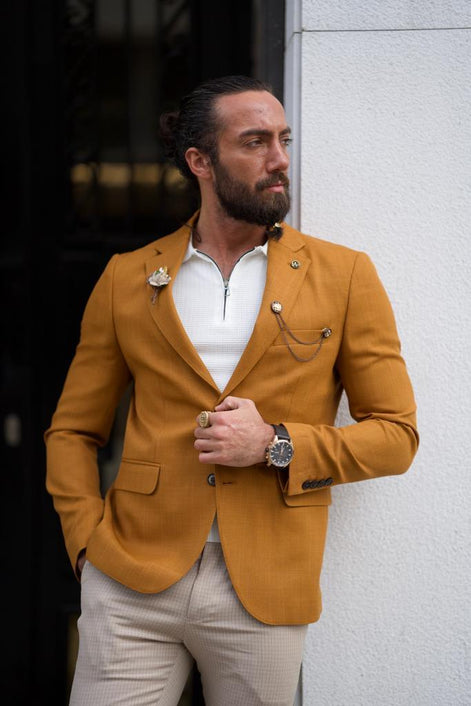 Pierre Light Mustard Slim Fit Notch Lapel Cotton Blazer