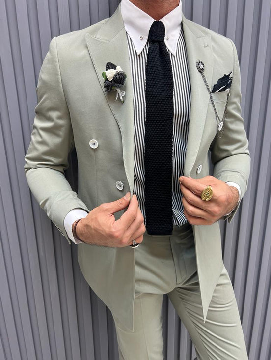 Mint Slim Fit Pinstripe Double Breasted Cotton Suit for Men by GentWith.com with Free Worldwide Shipping