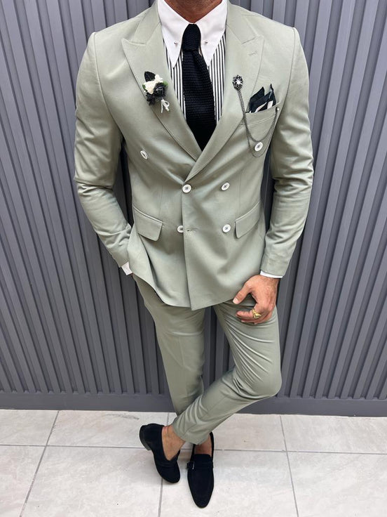 Mint Slim Fit Pinstripe Double Breasted Cotton Suit for Men by GentWith.com with Free Worldwide Shipping