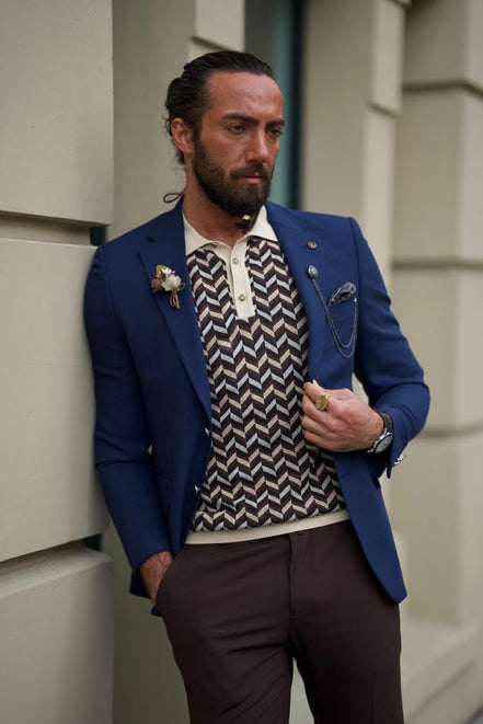 Pierre Navy Blue Slim Fit Notch Lapel Linen Blazer