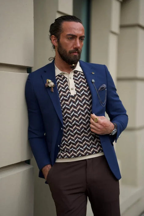 Pierre Navy Blue Slim Fit Notch Lapel Linen Blazer