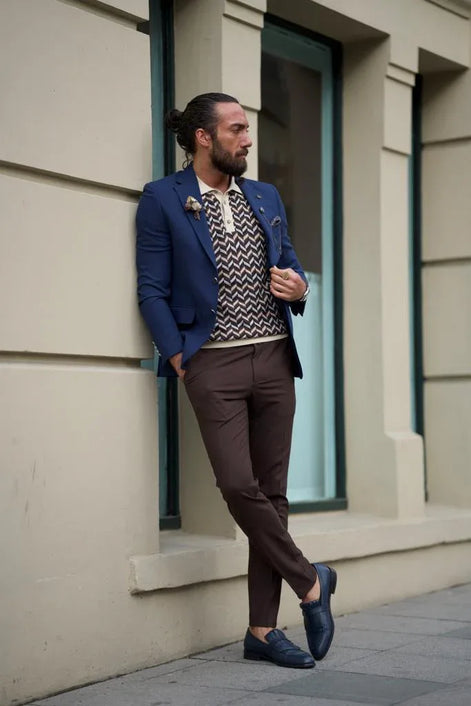 Pierre Navy Blue Slim Fit Notch Lapel Linen Blazer