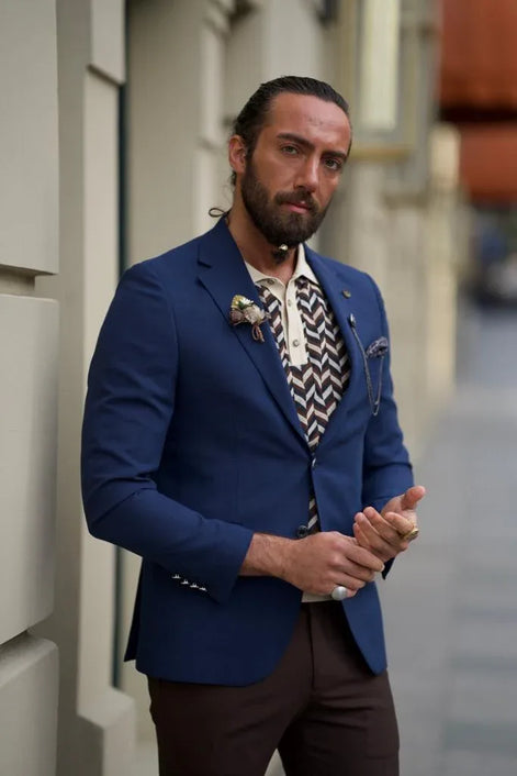 Pierre Navy Blue Slim Fit Notch Lapel Linen Blazer