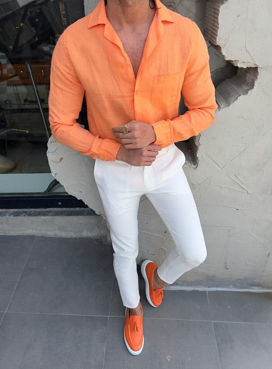 Orange Slim Fit Long Sleeve Cotton Shirt for Men by GentWith.com with Free Worldwide Shipping