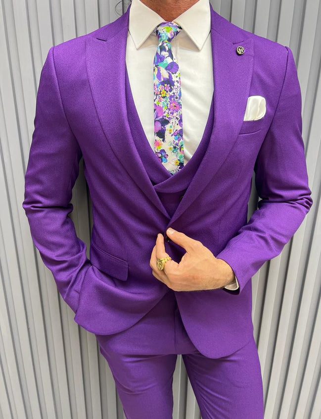 GentWith Pierre Purple Slim Fit Peak Lapel Suit