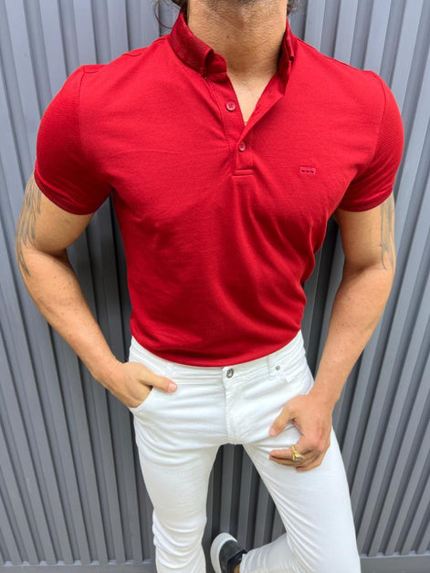 GentWith Pierre Red Slim Fit Knitwear Polo T-Shirt