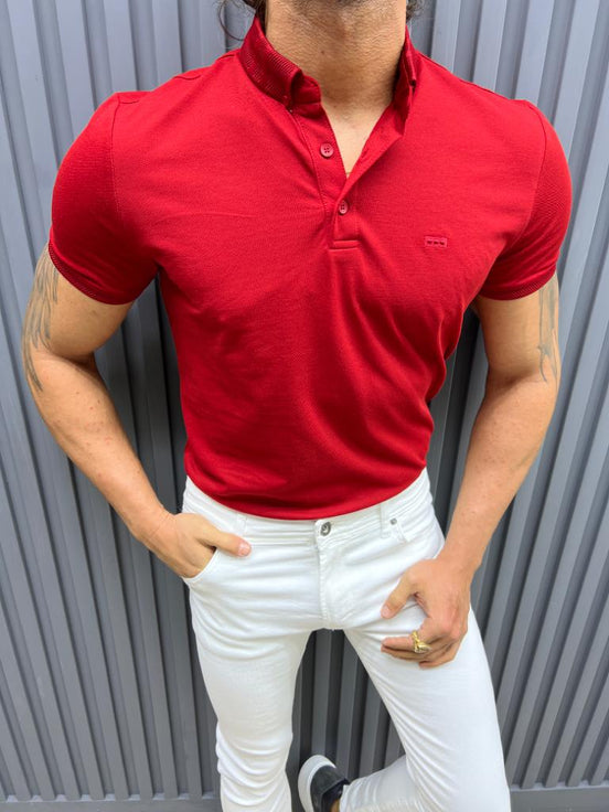 Red Slim Fit Knitwear Polo T-Shirt for Men by GentWith.com with Free Worldwide Shipping