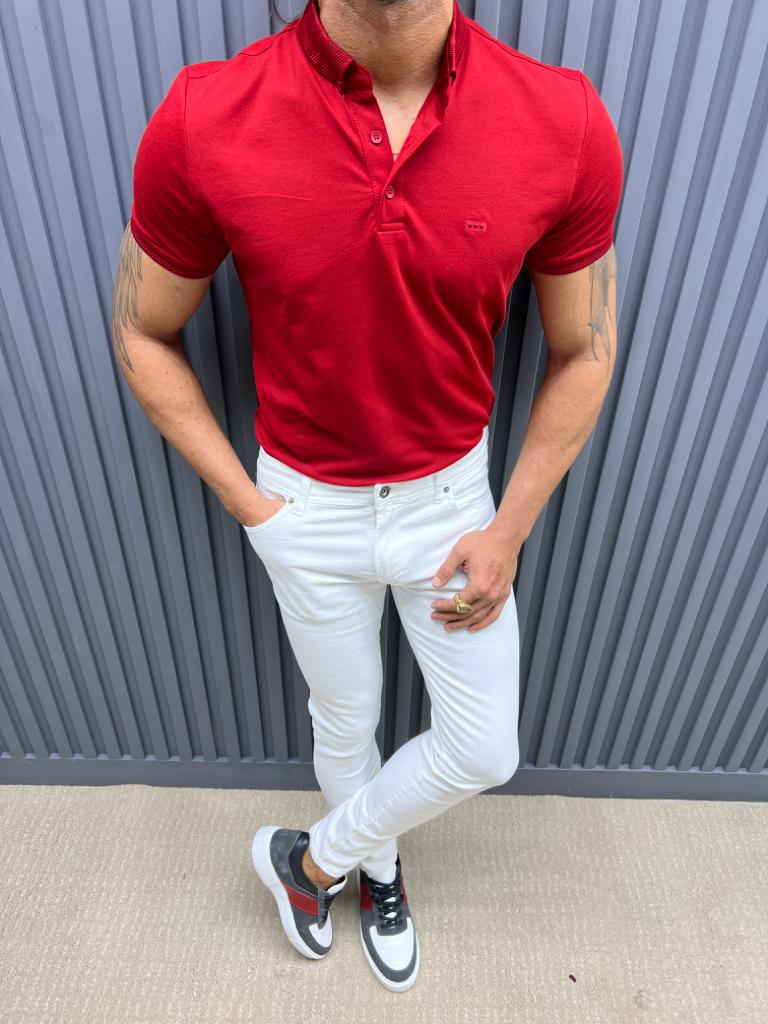 GentWith Pierre Red Slim Fit Knitwear Polo T-Shirt