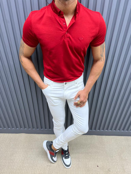 GentWith Pierre Red Slim Fit Knitwear Polo T-Shirt