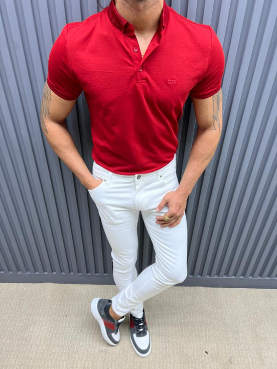 Red Slim Fit Knitwear Polo T-Shirt for Men by GentWith.com with Free Worldwide Shipping
