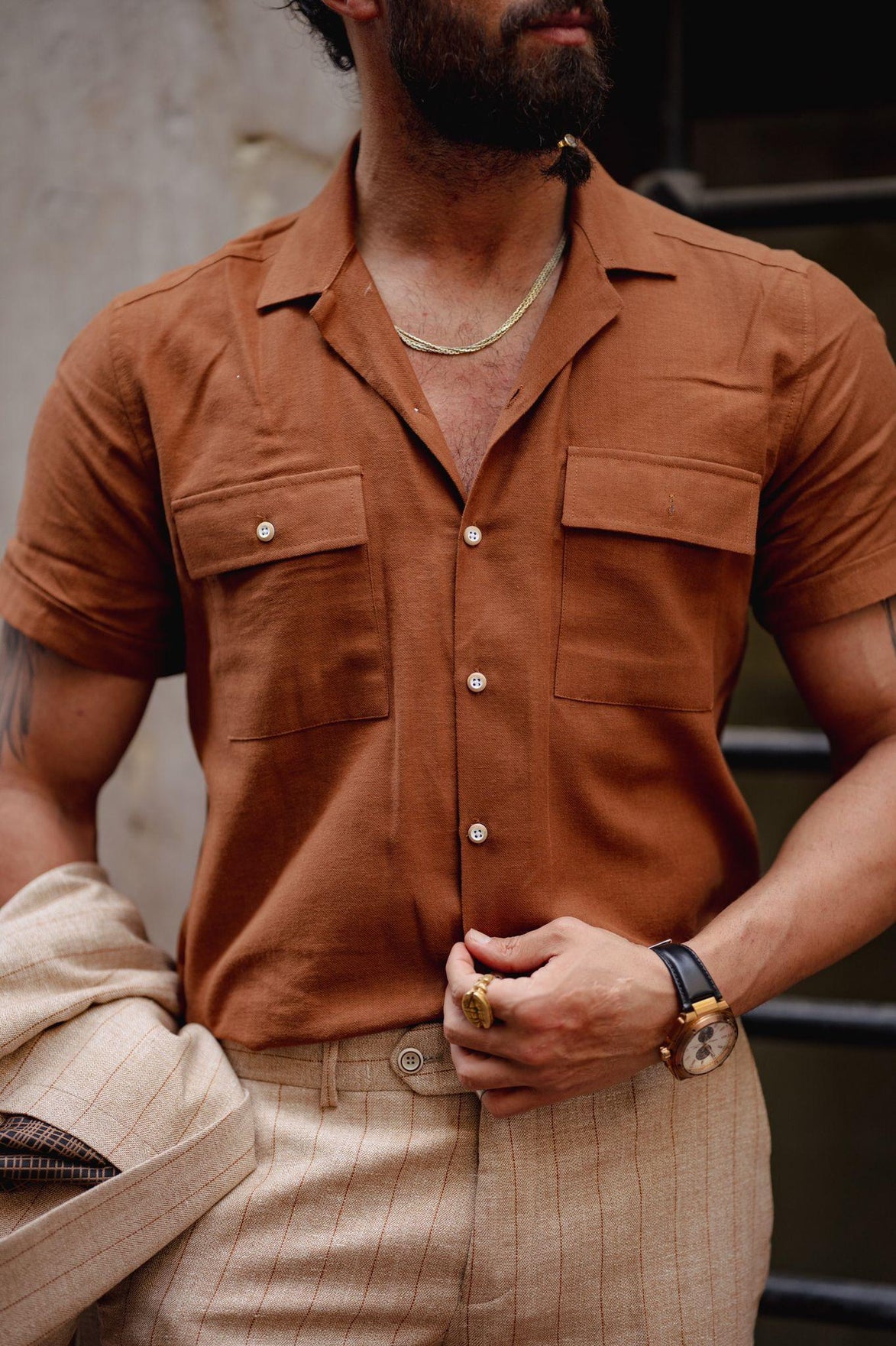 GentWith Pierre Rust Brown Slim Fit Double Pocket Short Sleeve Shirt