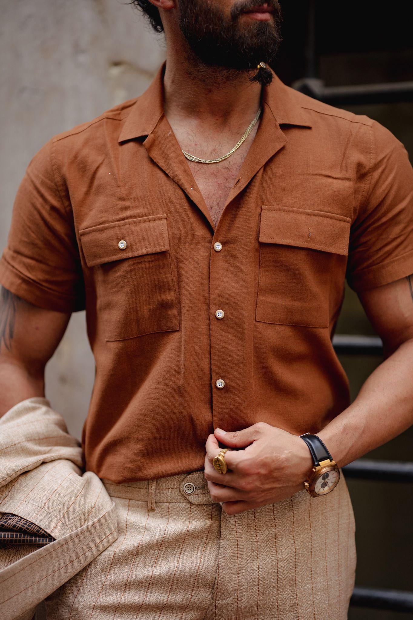 GentWith Pierre Rust Brown Slim Fit Double Pocket Short Sleeve Shirt