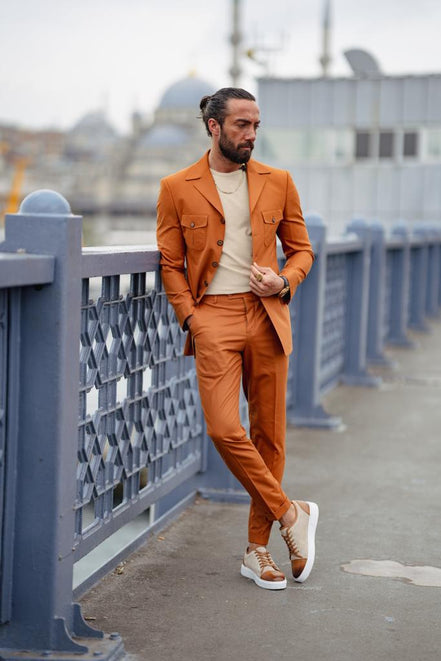GentWith Pierre Rust Brown Slim Fit Single Breasted Five Button Suit
