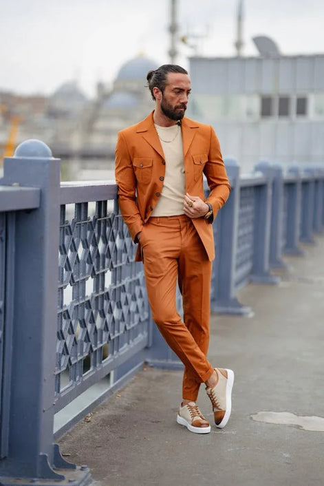 GentWith Pierre Rust Brown Slim Fit Single Breasted Five Button Suit