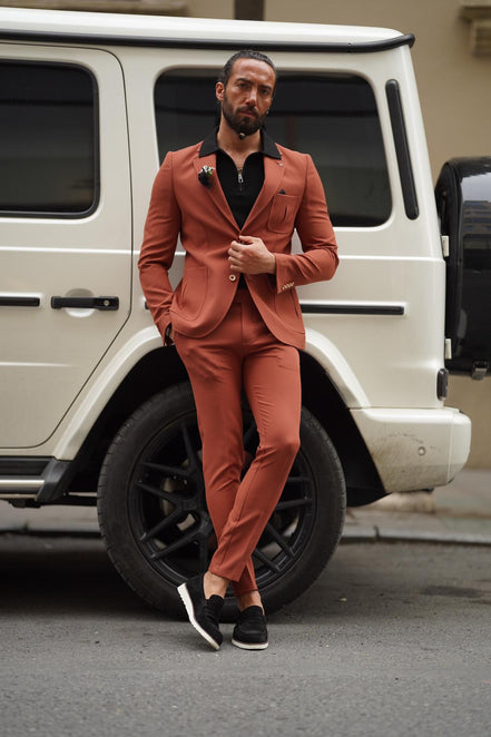 Pierre Rust Slim Fit Brown Wool Suit
