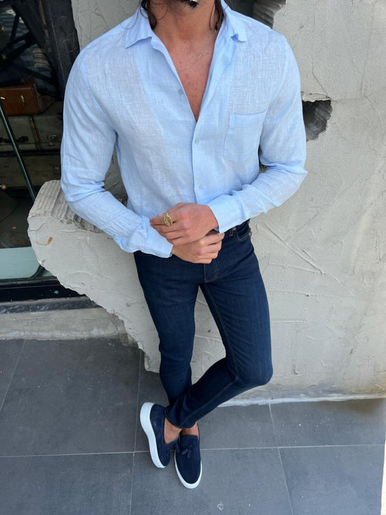 Sky Blue Slim Fit Long Sleeve Cotton Shirt for Men by GentWith.com with Free Worldwide Shipping