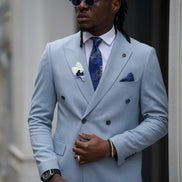 GentWith Pierre Sky Blue Slim Fit Double Breasted Linen Suit
