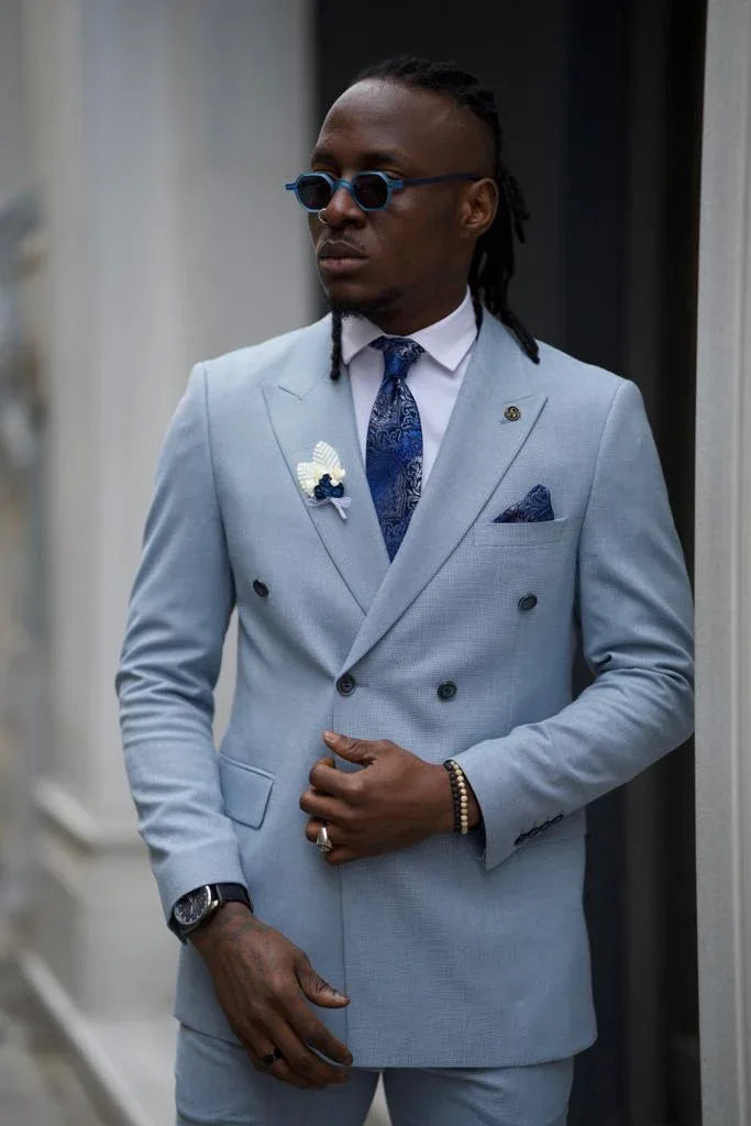 Sky Blue 2 Piece Linen Groom Wedding Suit for Men
