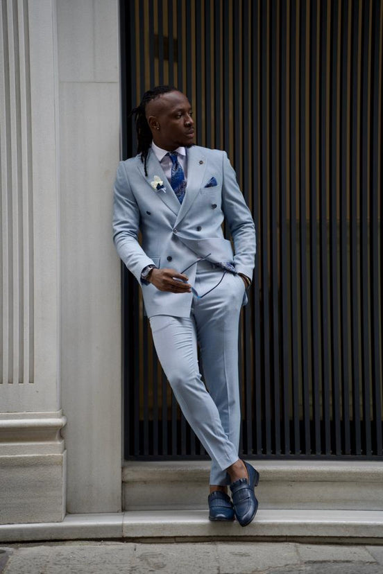 Sky Blue Slim Fit Double Breasted Linen Suit