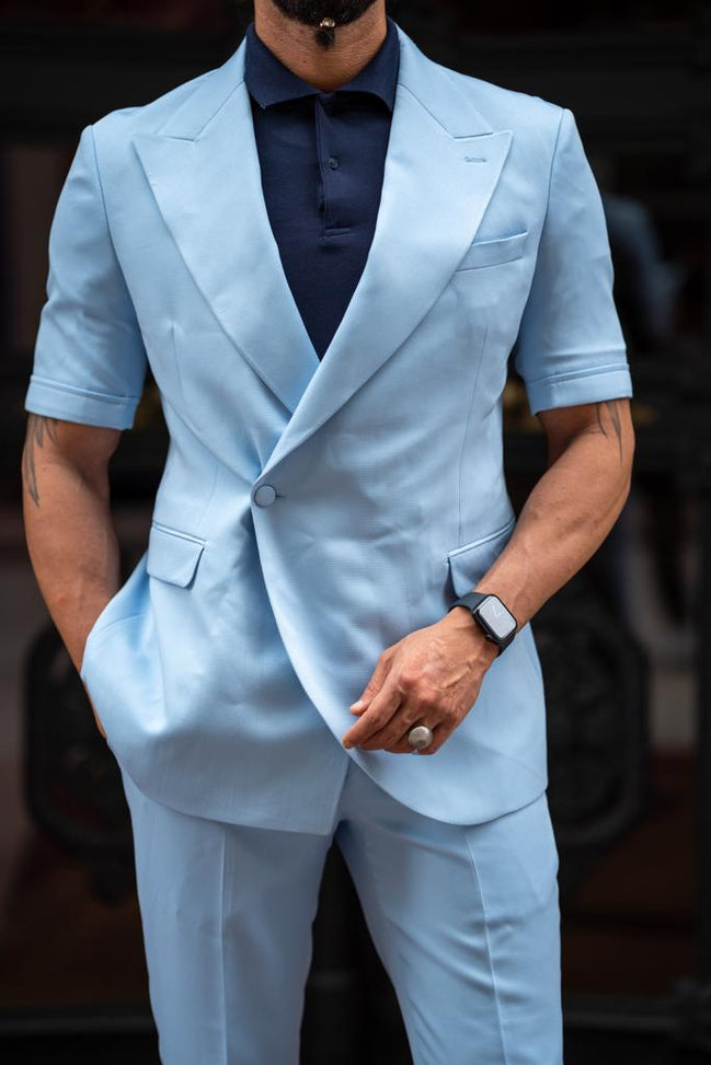 Pierre Sky Blue Slim Fit Double Breasted Short Sleeve Suit