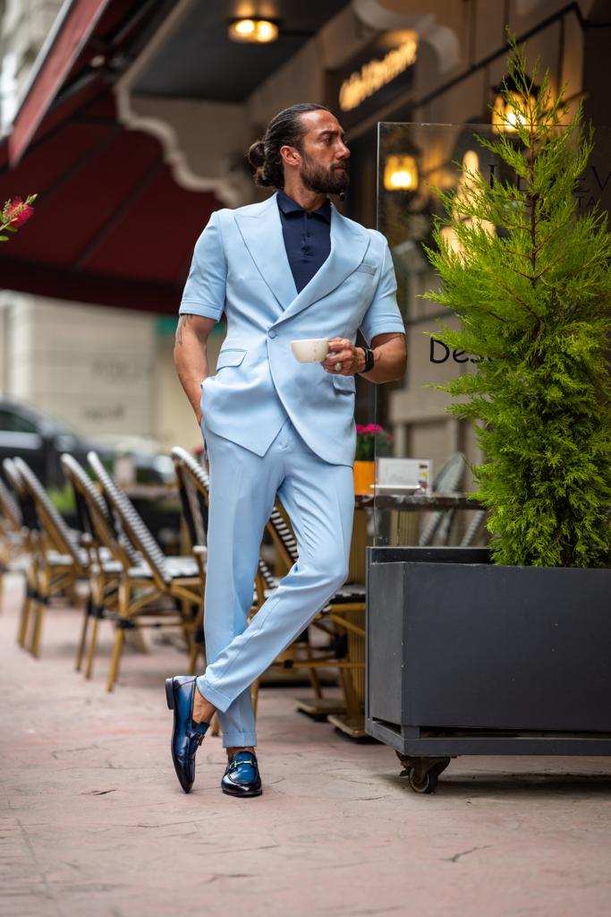 Pierre Sky Blue Slim Fit Double Breasted Short Sleeve Suit