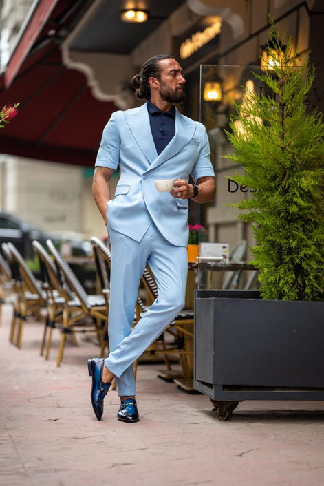 Pierre Sky Blue Slim Fit Double Breasted Short Sleeve Suit