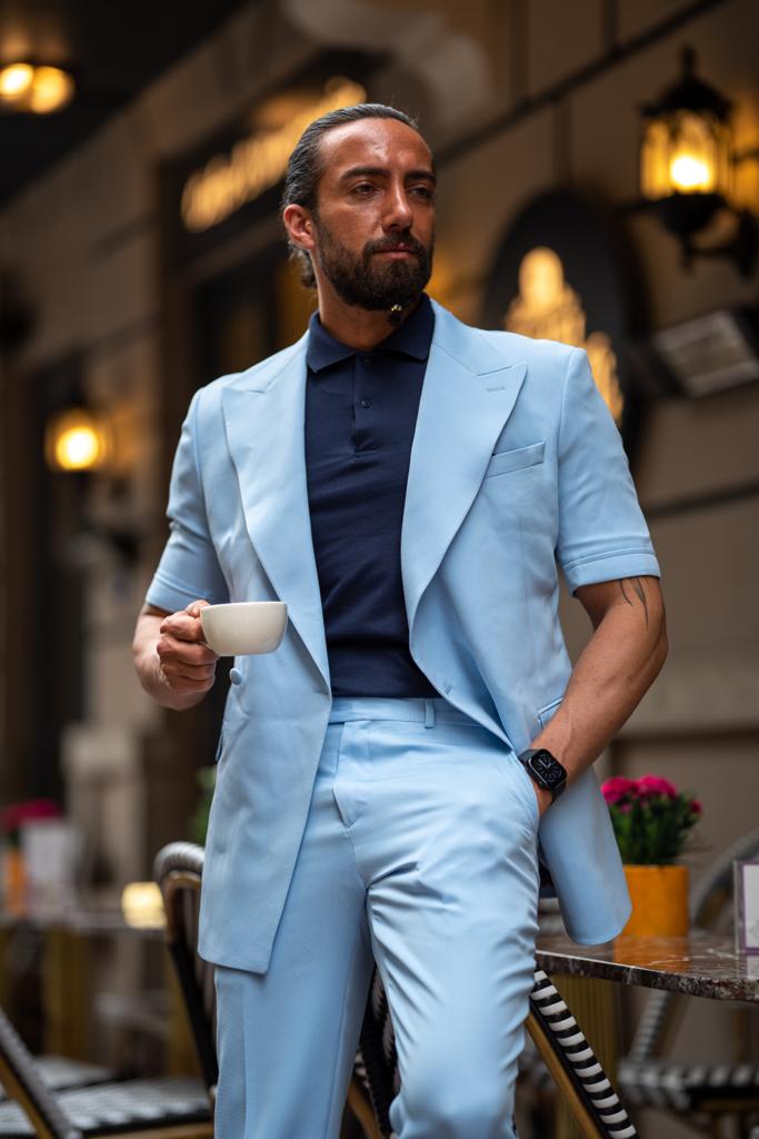 Pierre Sky Blue Slim Fit Double Breasted Short Sleeve Suit