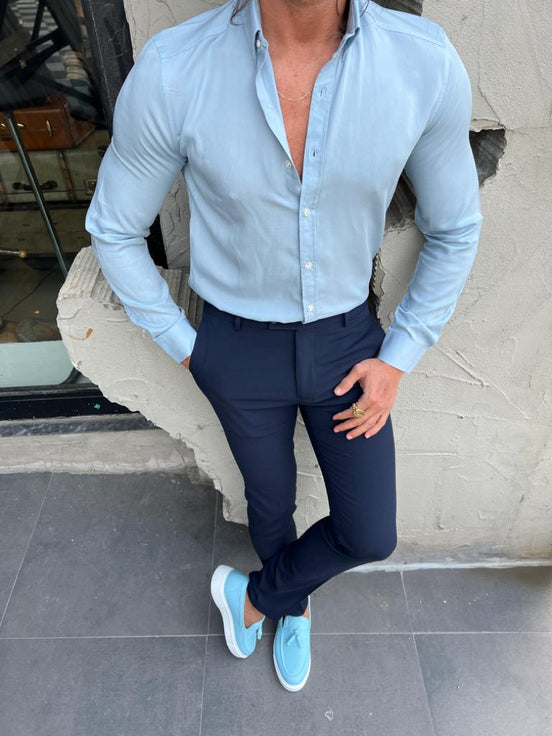 Sky Blue Slim Fit Long Sleeve Cotton Shirt for Men by GentWith.com with Free Worldwide Shipping