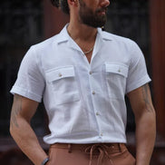 GentWith Pierre White Slim Fit Double Pocket Short Sleeve Shirt