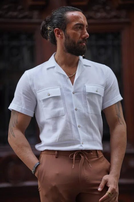 GentWith Pierre White Slim Fit Double Pocket Short Sleeve Shirt