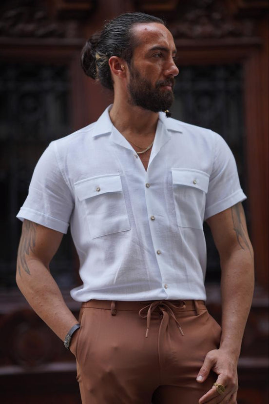 GentWith Pierre White Slim Fit Double Pocket Short Sleeve Shirt