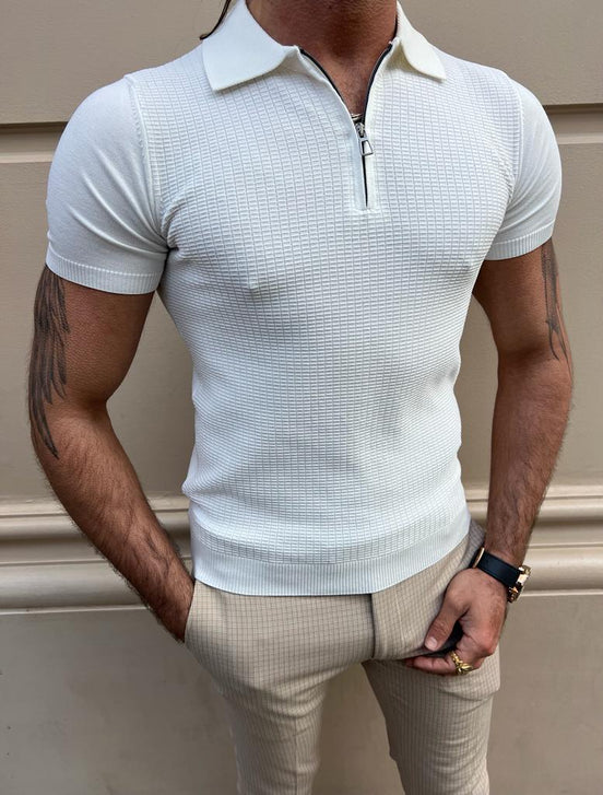 White Slim Fit Zipper Polo T-Shirt for Men by GentWith.com with Free Worldwide Shipping