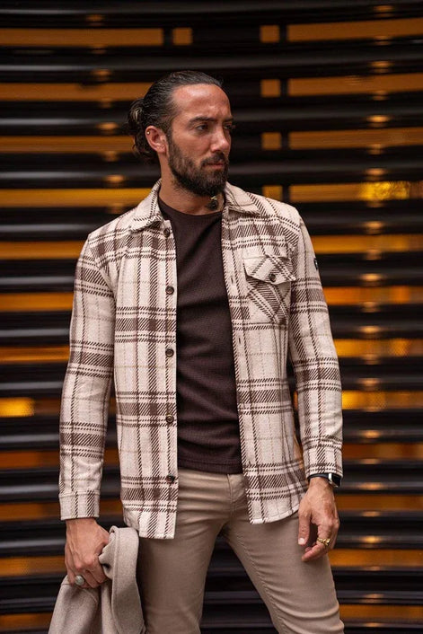 Rapid Beige Brown Slim Fit Long Sleeve Plaid Shirt