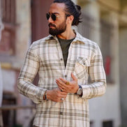 Rapid Beige Green Slim Fit Long Sleeve Plaid Shirt