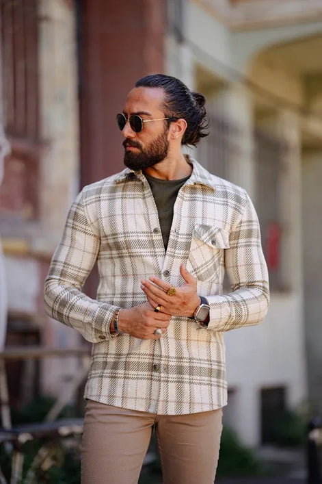 Rapid Beige Green Slim Fit Long Sleeve Plaid Shirt