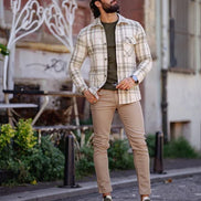 Rapid Beige Green Slim Fit Long Sleeve Plaid Shirt