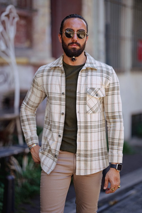 Rapid Beige Green Slim Fit Long Sleeve Plaid Shirt