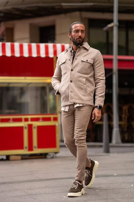 Rapid Slim Fit Double Pocket Beige Wool Coat