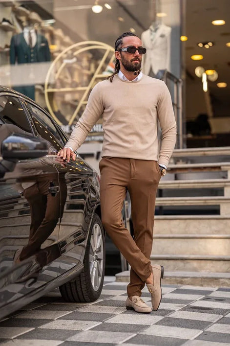 GentWith Rapid Beige Round Neck Sweater