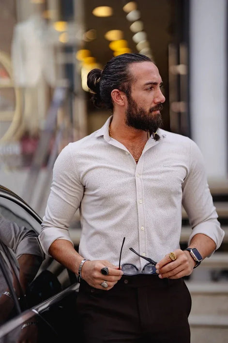 Rapid Beige Slim Fit Textured Cotton Shirt