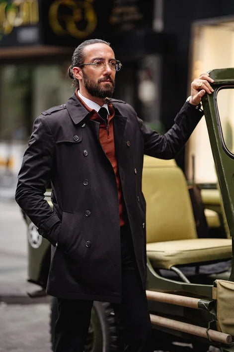 Rapid Black Slim Fit Double Breasted Long Coat