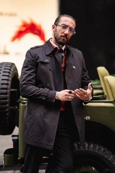Rapid Black Slim Fit Double Breasted Long Coat