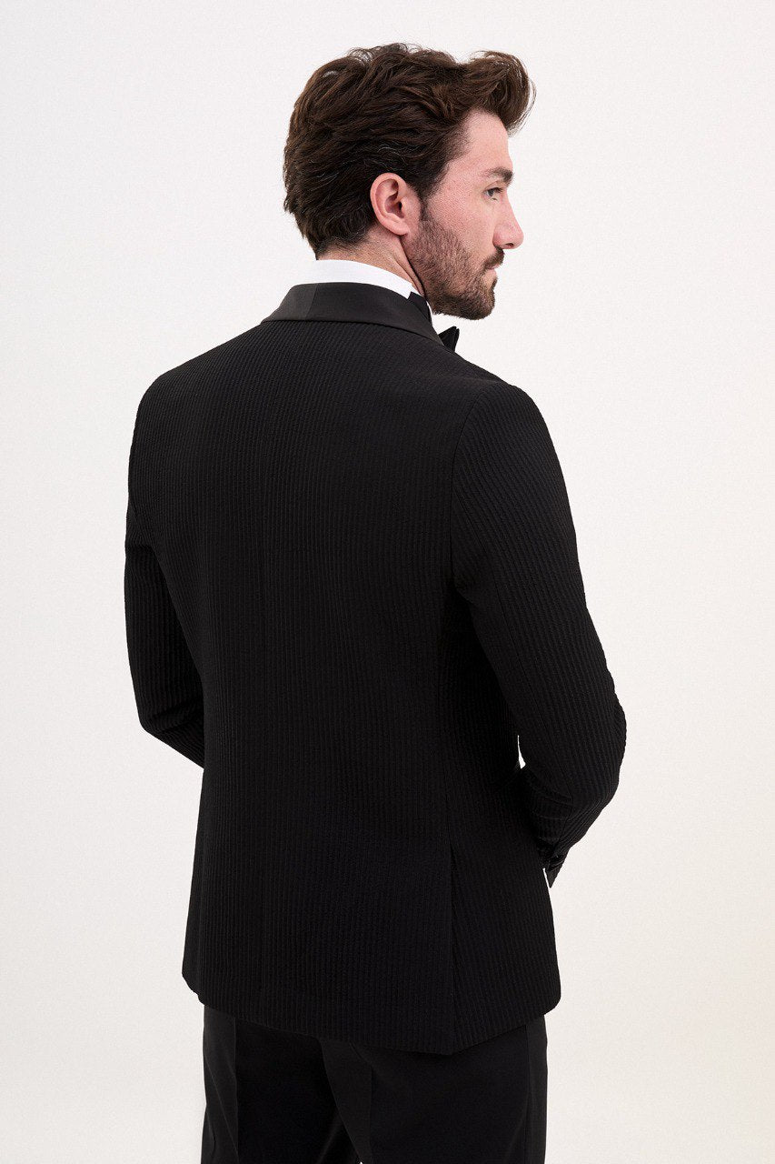 Rapid Black Slim Fit Double Breasted Striped Tuxedo