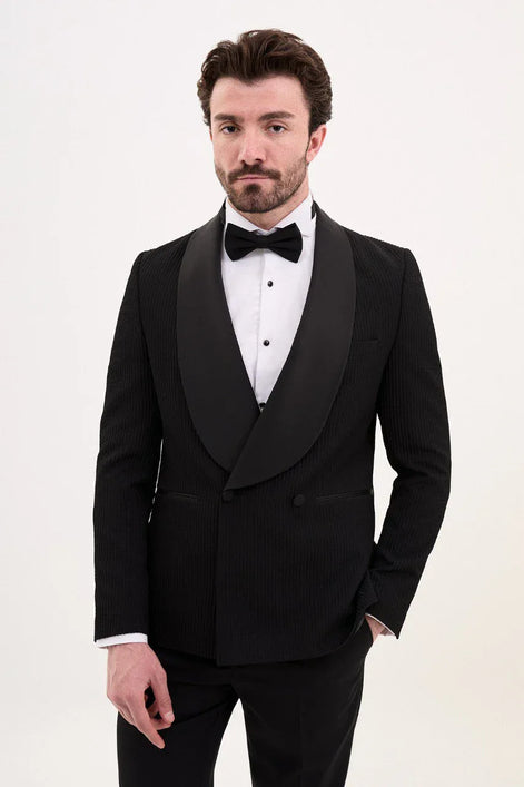 Rapid Black Slim Fit Double Breasted Striped Tuxedo
