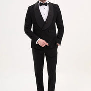 Rapid Black Slim Fit Double Breasted Striped Tuxedo