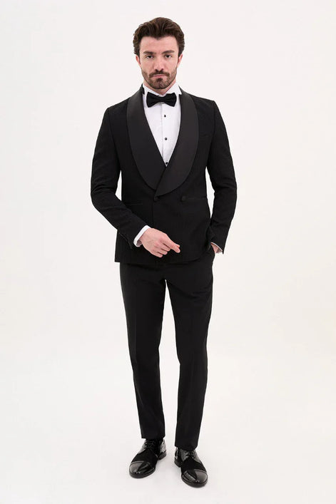 Rapid Black Slim Fit Double Breasted Striped Tuxedo