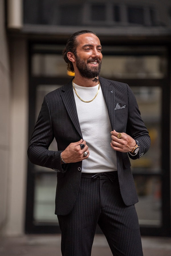 Rapid Black Slim Fit Notch Lapel 2 Piece Pinstripe Suit