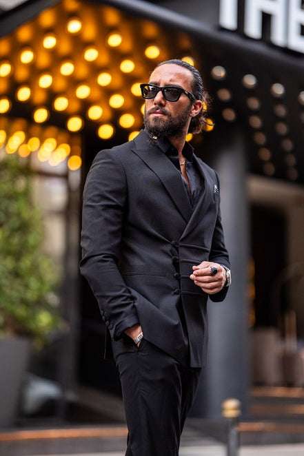 Rapid Black Slim Fit Peak Lapel Double Breasted Suit