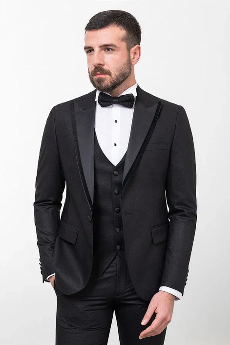 Rapid Black Slim Fit Peak Velvet Lapel Tuxedo